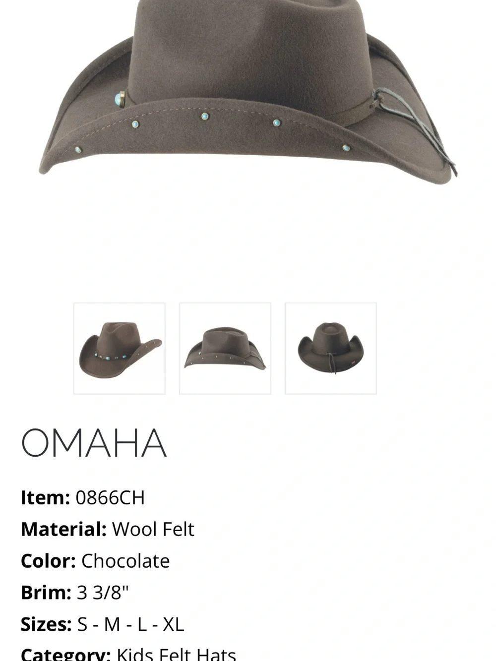 Bullhide Omaha Kids Wool Felt Cowboy Hat Chocolate Sz M, 0866CH